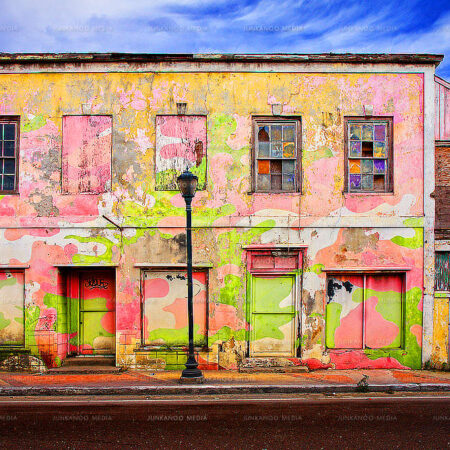 An abandoned building sporting flamboyant colors on Bay Street, Nassau.