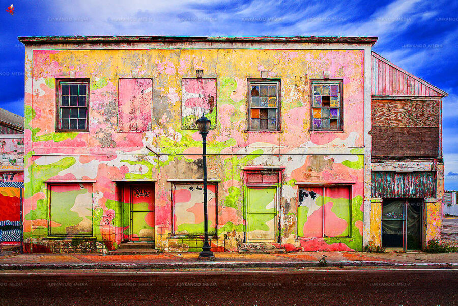 An abandoned building sporting flamboyant colors on Bay Street, Nassau.