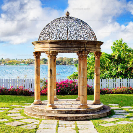 A freestanding portico at the Versailles Gardens on Paradise Island in The Bahamas