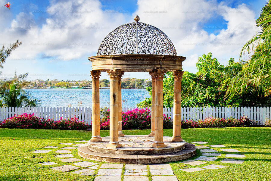 A freestanding portico at the Versailles Gardens on Paradise Island in The Bahamas