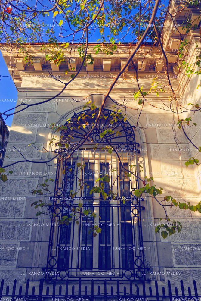 Bars on an exterior bank window illuminated by sunlight.